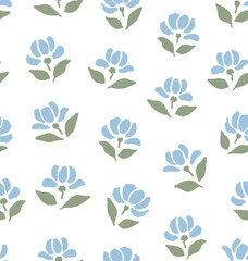 Seamless floral pattern witn blue handdrawn flowers and green leaves. Vector flowers pattern.