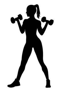 Muscle woman bodybuilder lifting dumbbells Silhouette. Vector illustration