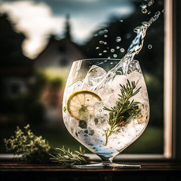 A glass of gin with splash ,a sprig of rosemary and a slice of lemon, stands on the table and is illuminated by the evening light from the window.Generative AI