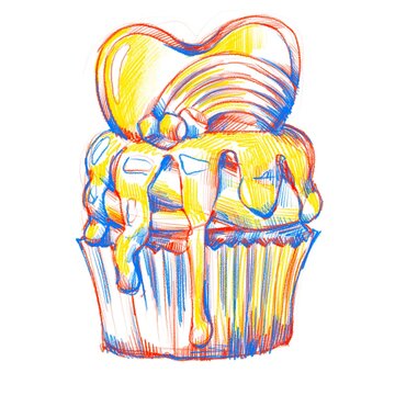 sweet cupcake colour pencil sketch. yellow, red and blue lines tasty muffin isolated illustration, simple kid style design 