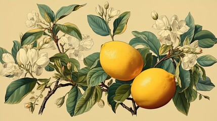 Lemons fruits vintage art illustration. Natural eco food design. Generative AI