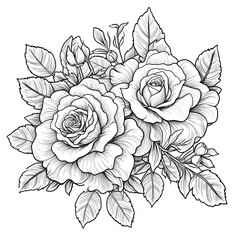 Cute Rose flower in coloring page style illustration. Line art painting. Generative AI