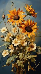 Sunflower flower illustration. Floral vintage greeting card background. Generative AI