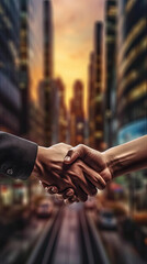 Business shaking hands, finishing up meeting. Successful businessmen handshaking after good deal. Business partner support together. Generative AI