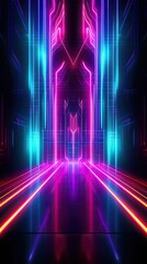 A cybernetic neon stage with pulsating circuitry and holographic projections, creating a futuristic and immersive visual experience. Abstract futuristic neon light background. Generative AI