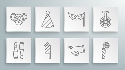 Set line Bowling pin, Party hat, Firework rocket, Cannon, Birthday party horn, Festive mask, Unicycle one wheel bicycle and Monkey icon. Vector © Oksana