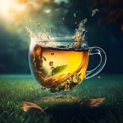 Glass cup with tea with a big splash in motion on the grass with leaves.Generative AI