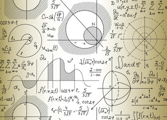 Scientific vector seamless pattern "handwritten on the old yellow paper" with physical and math plots, equations and formulas, figures and task solutions