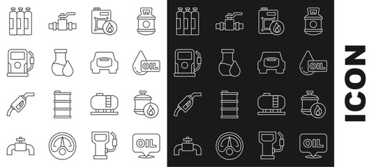 Set line Word oil, Propane gas tank, Oil drop, Canister for motor, petrol test tube, Petrol station, Industrial cylinder and Spare wheel the car icon. Vector