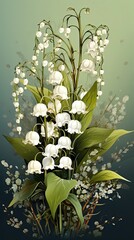 Lily of the Valley flower illustration. Floral vintage greeting card background. Generative AI
