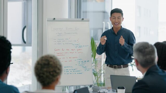 Writing, whiteboard and business people, manager and presentation in training, leadership support and applause. Happy, asian man or presenter with team coaching, clients proposal and meeting success