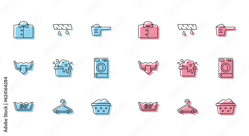 Sticker Set line Temperature wash, Hanger wardrobe, T-shirt, Basin with soap suds, Washer, Washing modes and Squeeze clothes icon. Vector