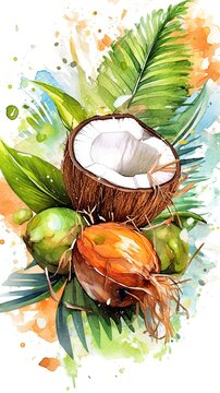 Watercolor style Coconut fruit in colorful style illustration. Natural food painting art. Generative AI