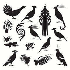 Fototapeta premium Quetzal silhouettes and icons. Black flat color simple elegant Quetzal animal vector and illustration.