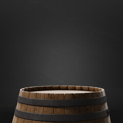 Fototapeta premium Old barrel in a dark basement. Empty barrel for display product or showcase