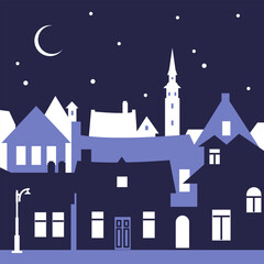 Illustration of an old winter city. Christmas view of houses.