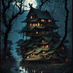 A huge building in the old Japanese style, green roofs with plants, luminous windows, yellow lighting, in front of it a pond in a dark rural village lit by the moon, it looks like it is deserted 