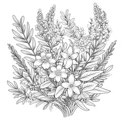 Fototapeta premium Cute Lavender flower in coloring page style illustration. Line art painting. Generative AI