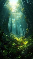 Fototapeta na wymiar A dense forest with tall, vibrant green trees and rays of sunlight filtering through the leaves. Colorful illustration art. Generative AI