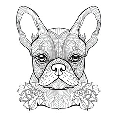 French Bulldog animal line art illustration. Black and white coloring page style art. Generative AI
