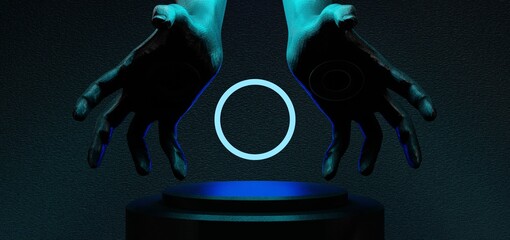 futuristic gaming esports background abstract wallpaper, cyberpunk style scifi game, stage concert scene in pedestal display room, led neon glow light, 3d illustration rendering