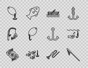 Set line Fish, Fishing net, boat with oars on water, hook under fish, spoon, line and float and icon. Vector