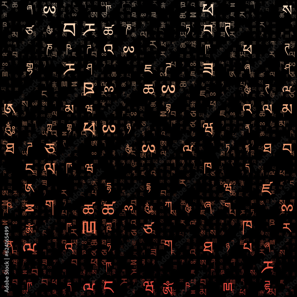 Poster abstract background. random letters of tibetan alphabet. gradient matrix pattern. peach color theme 