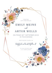 Elegant wedding invite card. Pastel, watercolor style flowers with golden geometrical frame. Editable, floral vector illustration. Blue, pink anemone, white petals, blackberry, glitter bouquet, wreath