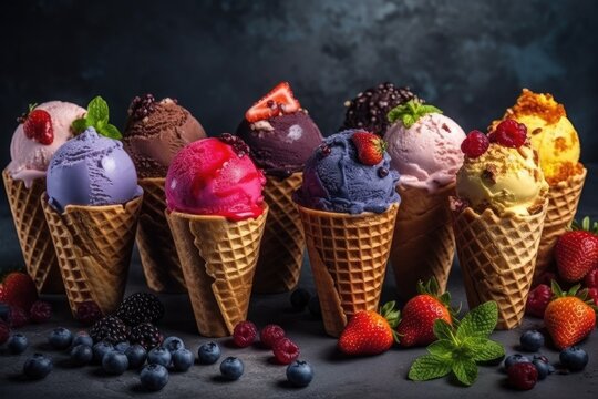 Various of ice cream flavor in cones blueberry, strawberry, pistachio, almond, orange and cherry setup on dark stone background . Summer menu concept. Image generated by artificial intelligence