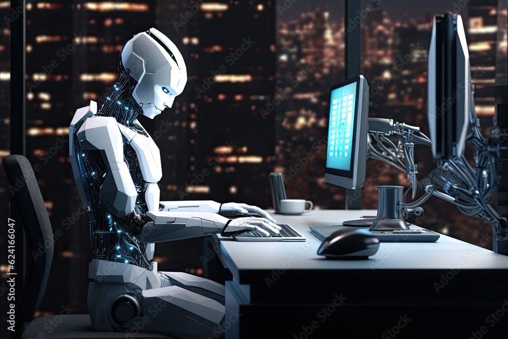 Poster 3d rendering humanoid robot working on computer in modern office at night, humanoid robot working wi