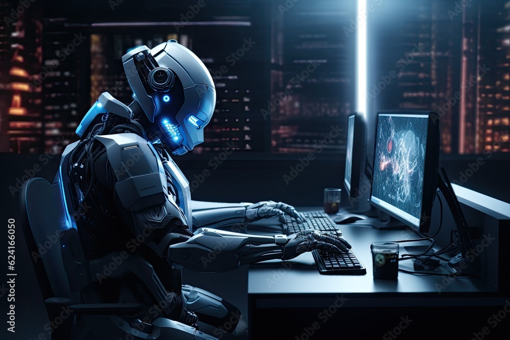 Poster robot working on desktop computer in dark office. 3d rendering humanoid robot working with a compute
