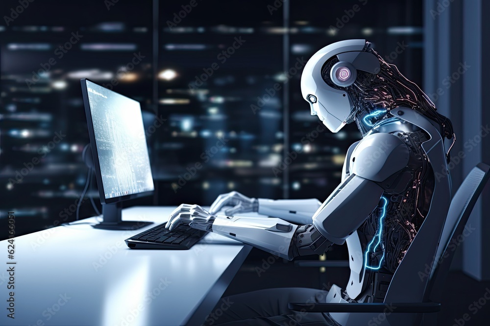 Poster 3d rendering humanoid robot working with computer in modern office at night, humanoid robot working 