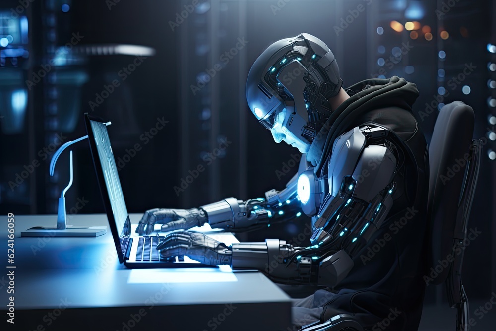 Poster 3d rendering humanoid robot working on laptop computer in dark room at night, 3d rendering humanoid 