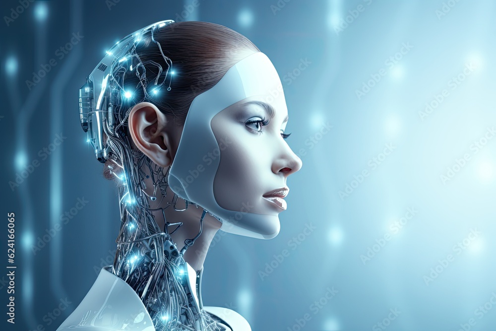 Poster 3d rendering of a female robot in a cyborg's head on a blue background, 3d rendering of a female rob