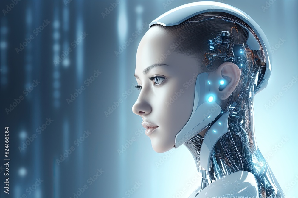 Poster 3d rendering of female robot with artificial intelligence concept on blue background, 3d rendering o