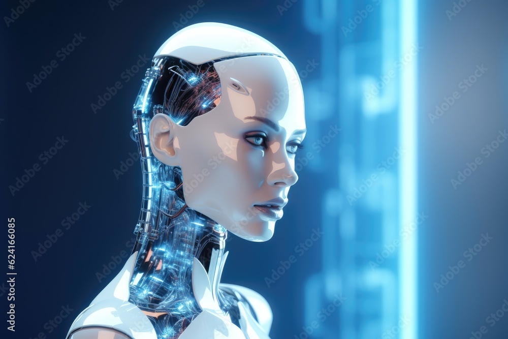 Poster 3d rendering of female cyborg with artificial intelligence on blue background, 3d rendering of a fem