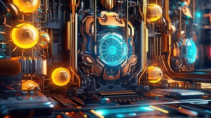 Fototapeta premium A futuristic circuit board design with neon lights and intricate patterns. Colorful illustration art. Generative AI