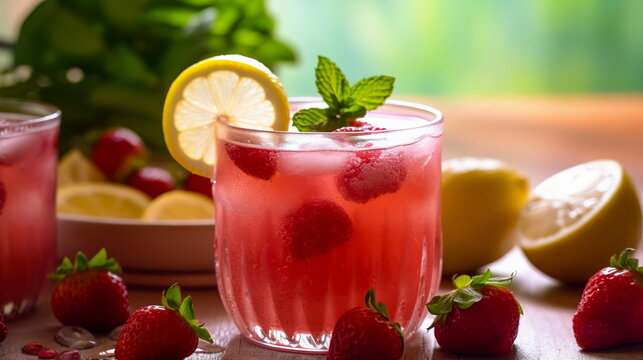 Glass with strawberry juice, mint and lemon.Generative AI