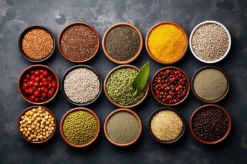 Obraz na płótnie Canvas Superfoods and cereals in bowls quinoa, chia, goji berry, mung bean, buckwheat, turmeric, polba, bulgur, lentil, sesame, flax seed, wild rice, almond. Healthy choices. AI Generated.