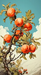 Apricots fruits vintage art illustration. Natural eco food design. Generative AI