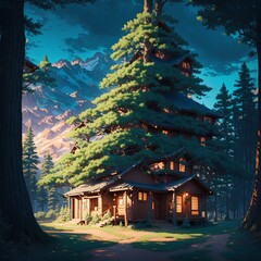 Fototapeta premium A beautiful and warm house in the winter, built with several floors and decorated with a tree, as if it was made of it