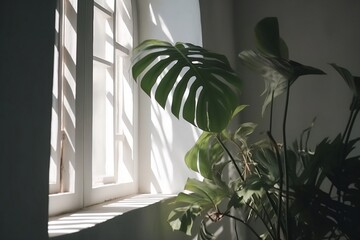 Potted monstera stands on floor in room and casts shadow on wall from sunny window. Ai generative