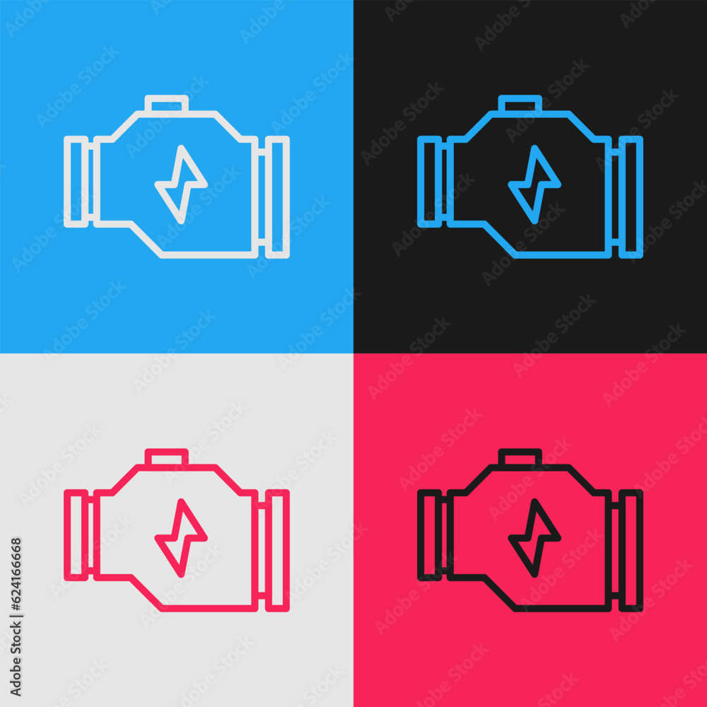 Aufkleber pop art line check engine icon isolated on color background. vector