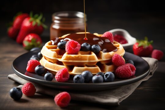 Plate of belgian waffles with caramel sauce and fresh berries. Image generated by artificial intelligence