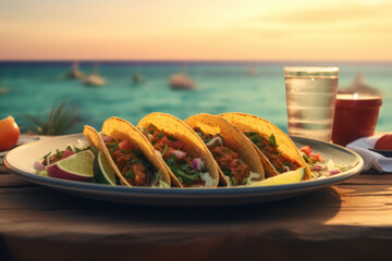 Tacos in a plate on the background of the sea. AI generative.
