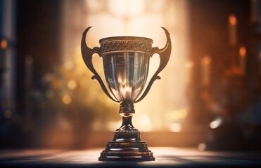 Fototapeta premium Gold winner trophy on dark background. Illustration AI Generative.