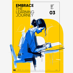 Back to School. First day of school. Banner vector illustration background. A young girl reading a book.. Typography poster design and vectorized watercolor illustrations on a background. 