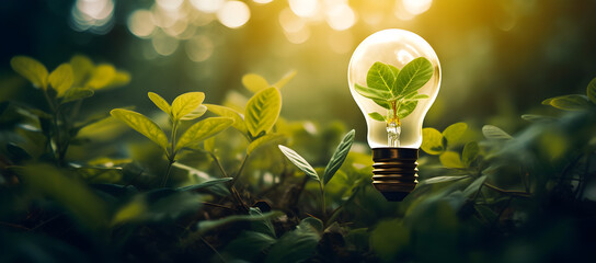 Hand holding light bulb against nature on green leaf with energy sources, Sustainable developmen and responsible environmental, Energy sources for renewable, Ecology concept. - obrazy, fototapety, plakaty