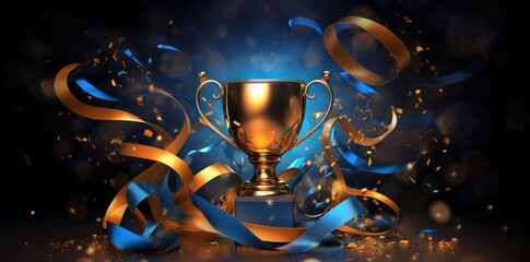 Gold winner trophy on dark background. Illustration AI Generative.