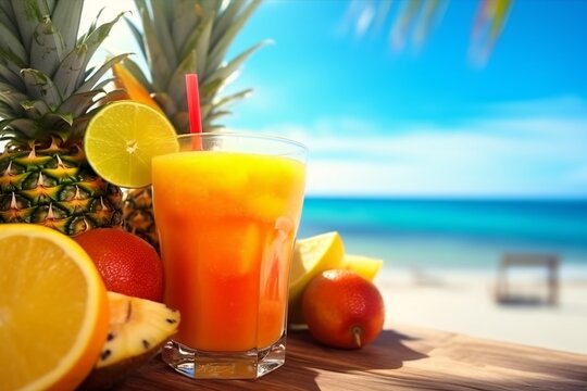 Tropical fruits and Cocktails above tropical sandy beach. Tropical cocktail, juice and fruits. Generative AI technology.